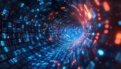 Digital technology concept featuring binary code and data stream flowing through a glass tube against a dark backdrop. Close-up view of an abstract funnel constructed from digital numbers,