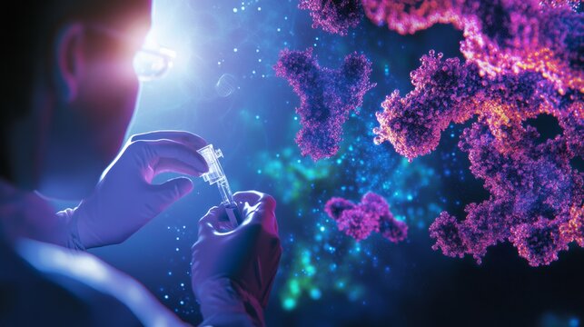 A biochemist developing synthetic antibodies for targeted cancer therapies, high-tech lab with real-time antibody testing and molecular simulation, Scientific style