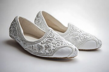 3D Classic White Khussa with Silver Thread Embroidery