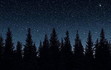 Stars twinkle above a serene forest at night in a clear sky with silhouettes of pine trees