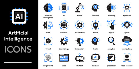 artificial intelligence Technology icon set. AI, robot, machine, data analytics,algorithm, cyber and more. Solid vector icons collection	