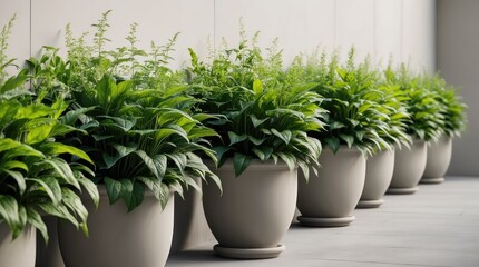 Fototapeta premium Green plants planted in flowerpots by the wall