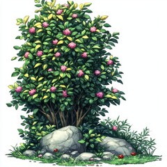 Lush Flowering Shrub with Rocks and Ladybugs - Spring Garden Illustration