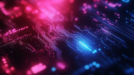 A close-up abstract view of a vibrant circuit board with glowing pink and blue lights, illustrating the intricate details and complexity of modern technology.