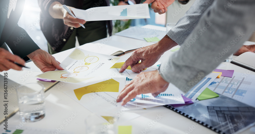 Poster data, documents and hands of business people in office for financial management or planning. collabo