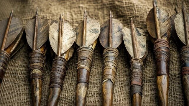 Handcrafted arrows arranged neatly on a rustic burlap background showcasing traditional archery craftsmanship