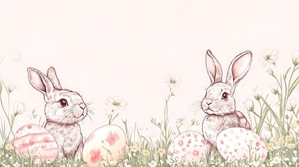 Obraz premium Easter Bunnies Eggs Meadow. (7)