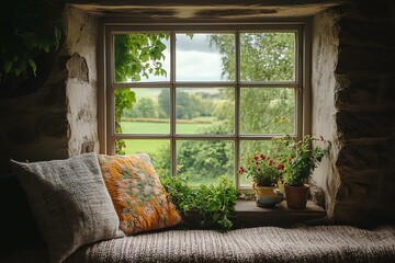 Fototapeta premium A cozy window seat adorned with cushions and potted plants, offering a serene view of lush greenery. Perfect for moments of relaxation and contemplation in a tranquil setting.