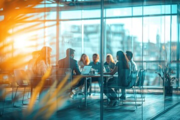 Blurred background of a business meeting in a modern office with people sitting at a table, a team working together having a discussion. View through a glass wall