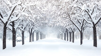 Snow-covered trees line a path in a winter wonderland.