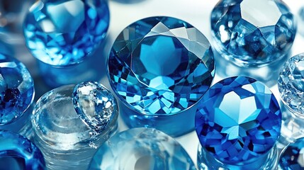 Gemstones sapphire in shades various of blue arranged artistically on a surface reflective, showcasing their elegance, depth, and beauty mesmerizing.