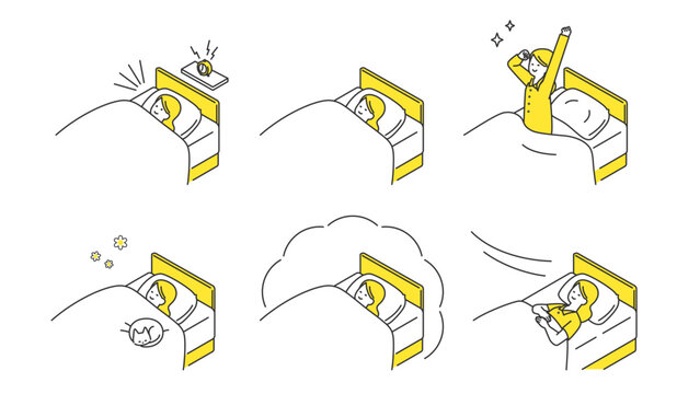 睡眠：ベッドで安眠する女性　セット、バリエーション