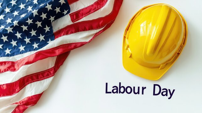 A Labour Day-themed composition featuring the American flag and a yellow hard hat, symbolizing workers' contributions