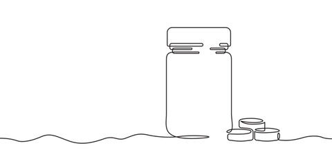 Continuous one line drawing bottle with pills.Medicine.Medical symbol.