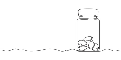 Continuous one line drawing bottle with pills.Medicine.Medical symbol.