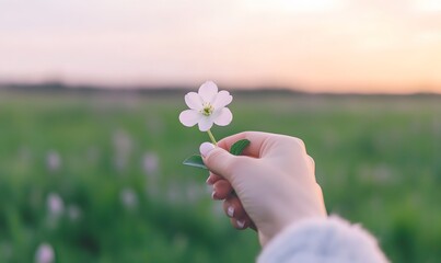 delicate feminine hand gently holding a small elegant flower, Generative AI