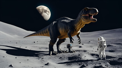 t-rex dinosaur on the moon with a person