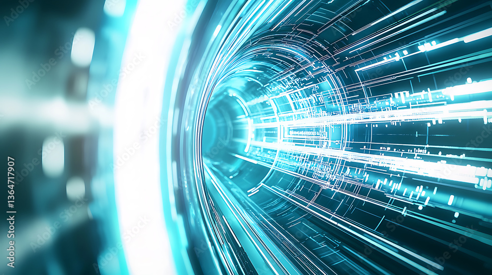 Poster dynamic light streams digital tunnel motion graphics futuristic setting abstract viewpoint technolog