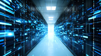 Data flow visualization in a high-tech server room digital environment futuristic concept close-up view