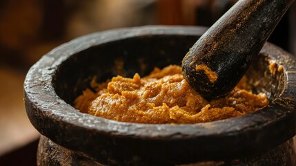 Traditional Mortar and Pestle with Ground Spice Paste Close-Up