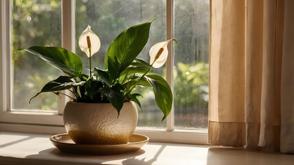 Peace Lily Plant in Pot on Windowsill  Sunlight