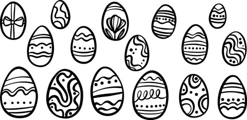 Ink line art Easter eggs, line art doodle flat clip art decorative set, isolated
