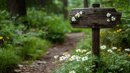A wooden signpost in the forest decorated with wildflowers just picked from nearby