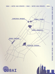 Dubai map, detailed atlas poster with roads, landmarks plan. Vector UAE, United Arab Emirates city scheme layout, vertical graphic design for flyer, leaflet, print, cover