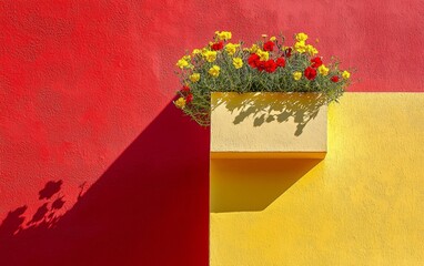 Brightly colored wall with vibrant flowers in a planter during daylight in an urban area