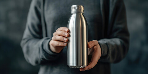 Close-up of a hand holding a reusable stainless steel water bottle, symbolizing eco-friendly lifestyle, hydration, and sustainable choices in urban outdoor setting..banner,copy space