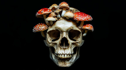 Naklejka premium Dark academia illustration trippy skull with magic mushrooms growing out of it isolated on black background smile, copy space shrooms psychedelic hallucinogenic heroic dose party micro dose,
