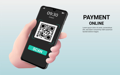 QR code scanning payment on mobile. Online payment concept. Bill payment, Payment transaction, Scan QR code, Financial transaction, Online shopping, Money transfer. 3d Vector illustration