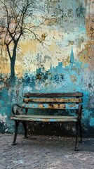 Vintage Park Bench with Peeling Paint Against a Scenic Wall Mural