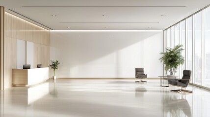 Modern office lobby with sleek furniture, large windows, and natural light, creating a professional ambiance.