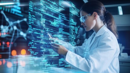 A bioinformatics expert creating algorithms for personalized cancer treatment plans, high-tech medical lab with real-time genetic sequencing data and algorithm optimization tools, High-tech style