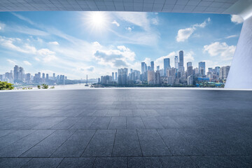 Empty square floor and city skyline with modern buildings in Chongqing