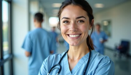 Smiling healthcare worker in scrubs in a hospital corridor during daytime