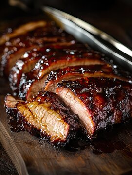 Cantonese Char Siu with ruby-red maltose glaze on carving board, studio-lit caramelized pork layers and metallic tongs. Gourmet cuisine, culinary advertising.