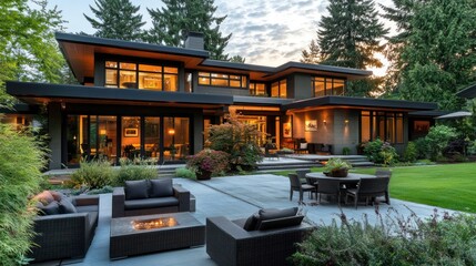 Obraz premium Modern luxury home exterior with patio and landscaping at dusk