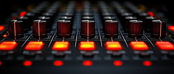 Obraz premium Close-up of illuminated audio mixer knobs and faders