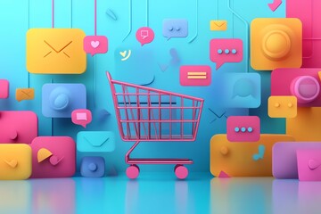 A vibrant and colorful digital shopping cart surrounded by various communication icons, representing online shopping and virtual interaction in the modern marketplace.