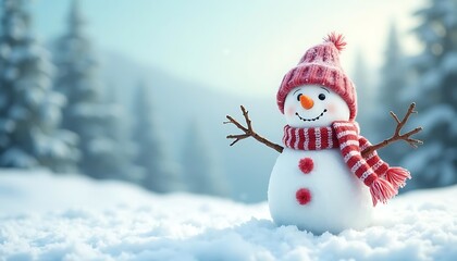 Obraz premium Cute Snowman with Pink Hat and Scarf in Winter Landscape