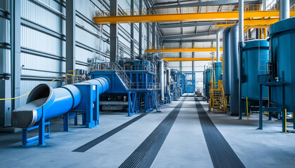 Obraz premium Industrial Factory Interior Blue Machinery, Conveyors, and Processing