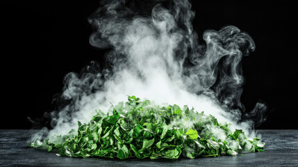 Fresh green herbs create an aromatic mound, surrounded by swirling steam against a dark backdrop, evoking a sense of culinary artistry.