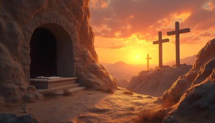 Empty Tomb and Three Crosses on Calvary Hill at Sunset