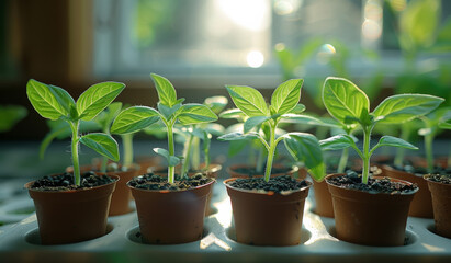 Obraz premium Young plants growing in sunlight indoors. Small green plants thrive in pots, soaking up warm sunlight in a cozy indoor garden setting.