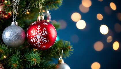 Fototapeta premium Festive Christmas Tree Decorated with Ornaments and Sparkling Lights Backdrop