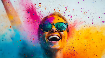 A colorful Holi Festival scene with splashes of vibrant colors and joyful faces against a bright background, macro shot,&nbsp;