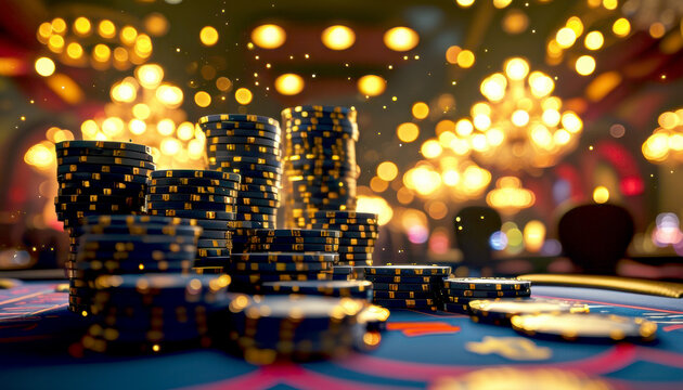 Hyper realistic casino night with poker chips and bokeh lights, perfect for gaming promotions, with copy space