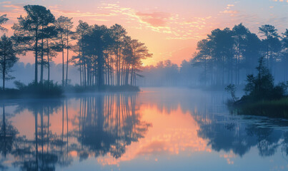 Sunrise over misty lake reflects trees. Mist envelops a serene lake at dawn, with vibrant colors painting the sky and water reflecting tall trees.